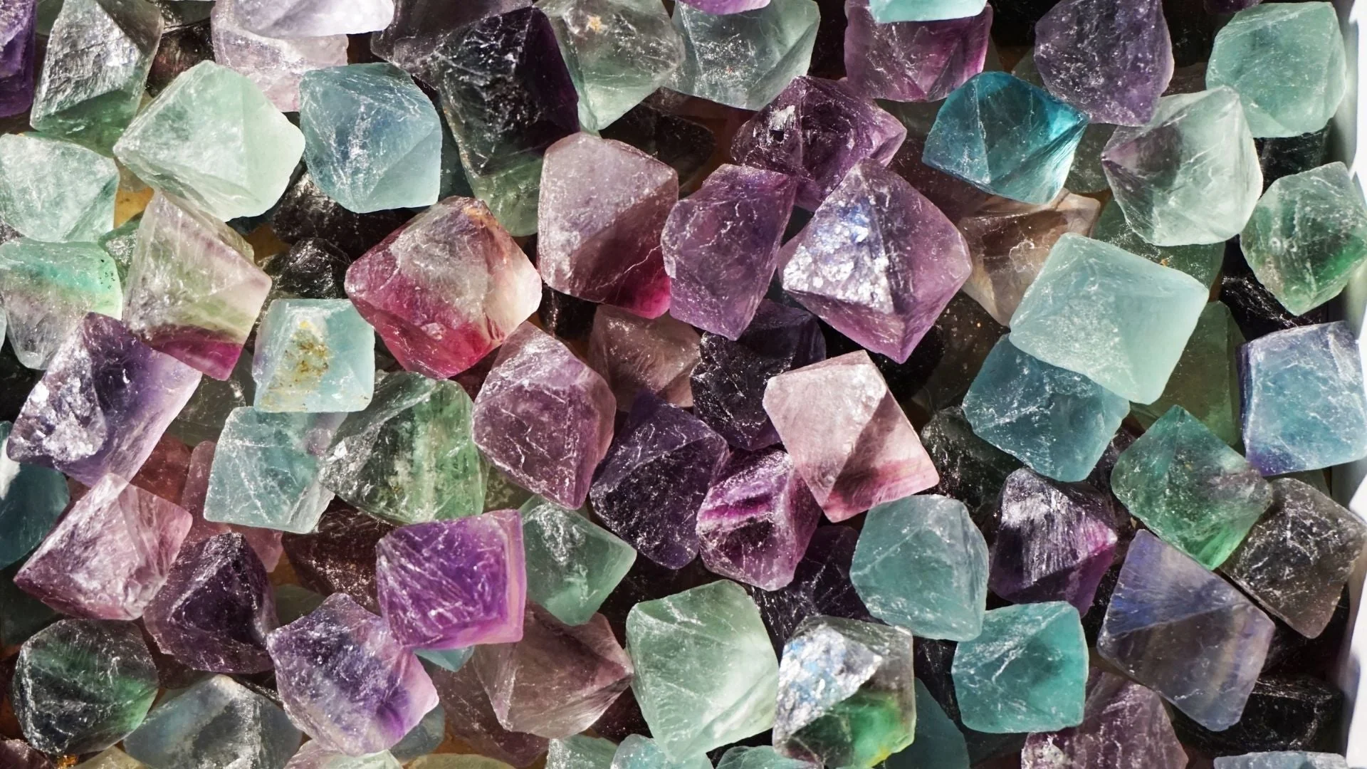 A close-up pile of raw, multicolored fluorite octahedral crystal